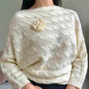 Vintage Cream Knit Sweater with Floral Detail